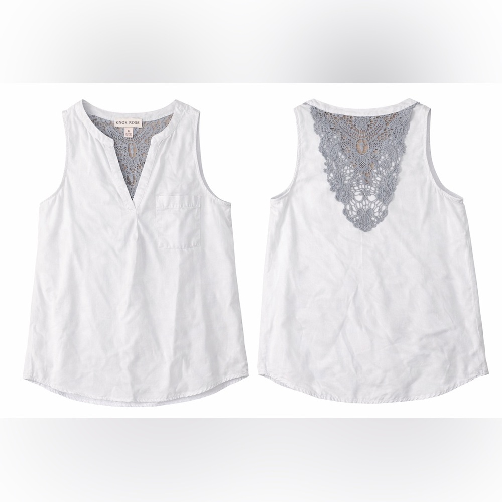 Knox Rose White Sleeveless Blouse Gray Crochet Lace Back Boho Top Size S - Picture 2 of 2